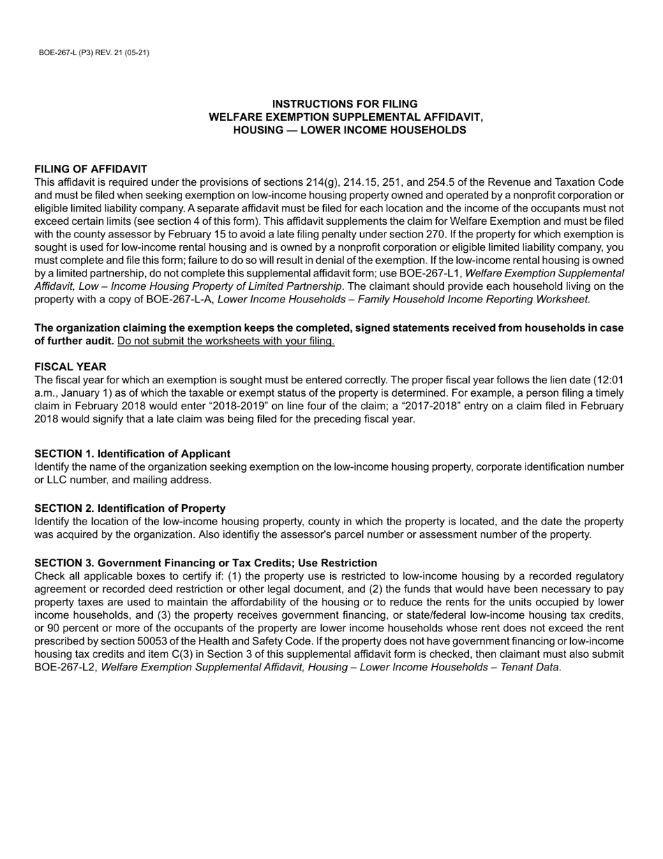 Form BOE-267-L Welfare Exemption Supplemental Affidavit, Housing - Lower Income Households - California, Page 3