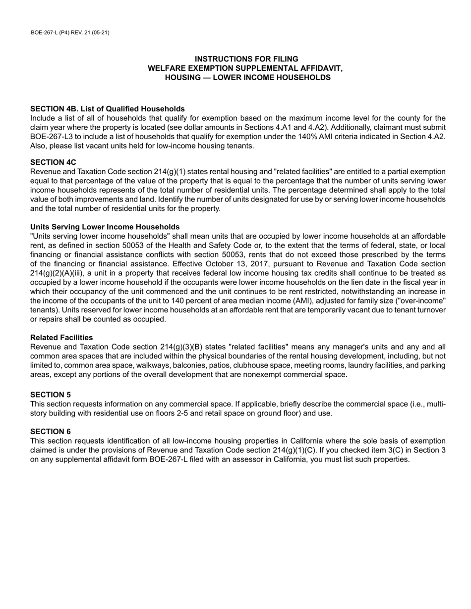 Form BOE-267-L Welfare Exemption Supplemental Affidavit, Housing - Lower Income Households - California, Page 4