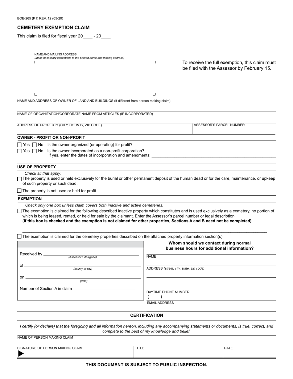 Form BOE-265 Cemetery Exemption Claim - California, Page 1
