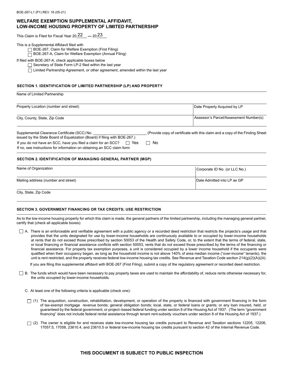 Form BOE-267-L1 Welfare Exemption Supplemental Affidavit, Low-Income Housing Property of Limited Partnership - California, Page 1
