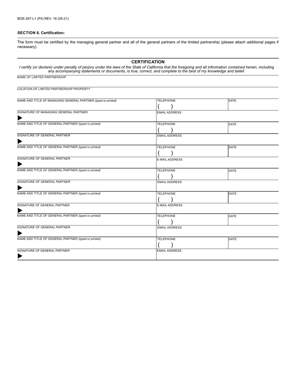 Form BOE-267-L1 Welfare Exemption Supplemental Affidavit, Low-Income Housing Property of Limited Partnership - California, Page 4
