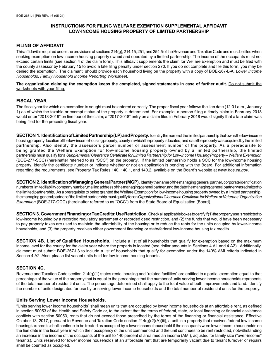 Form BOE-267-L1 Welfare Exemption Supplemental Affidavit, Low-Income Housing Property of Limited Partnership - California, Page 5