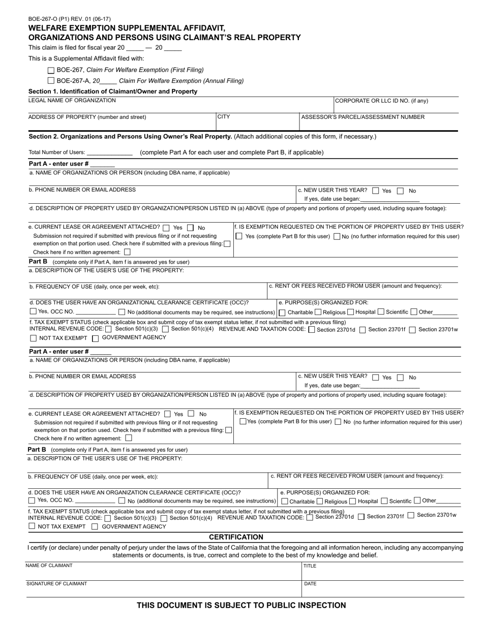 Form BOE-267-O Welfare Exemption Supplemental Affidavit, Organizations and Persons Using Claimants Real Property - California, Page 1