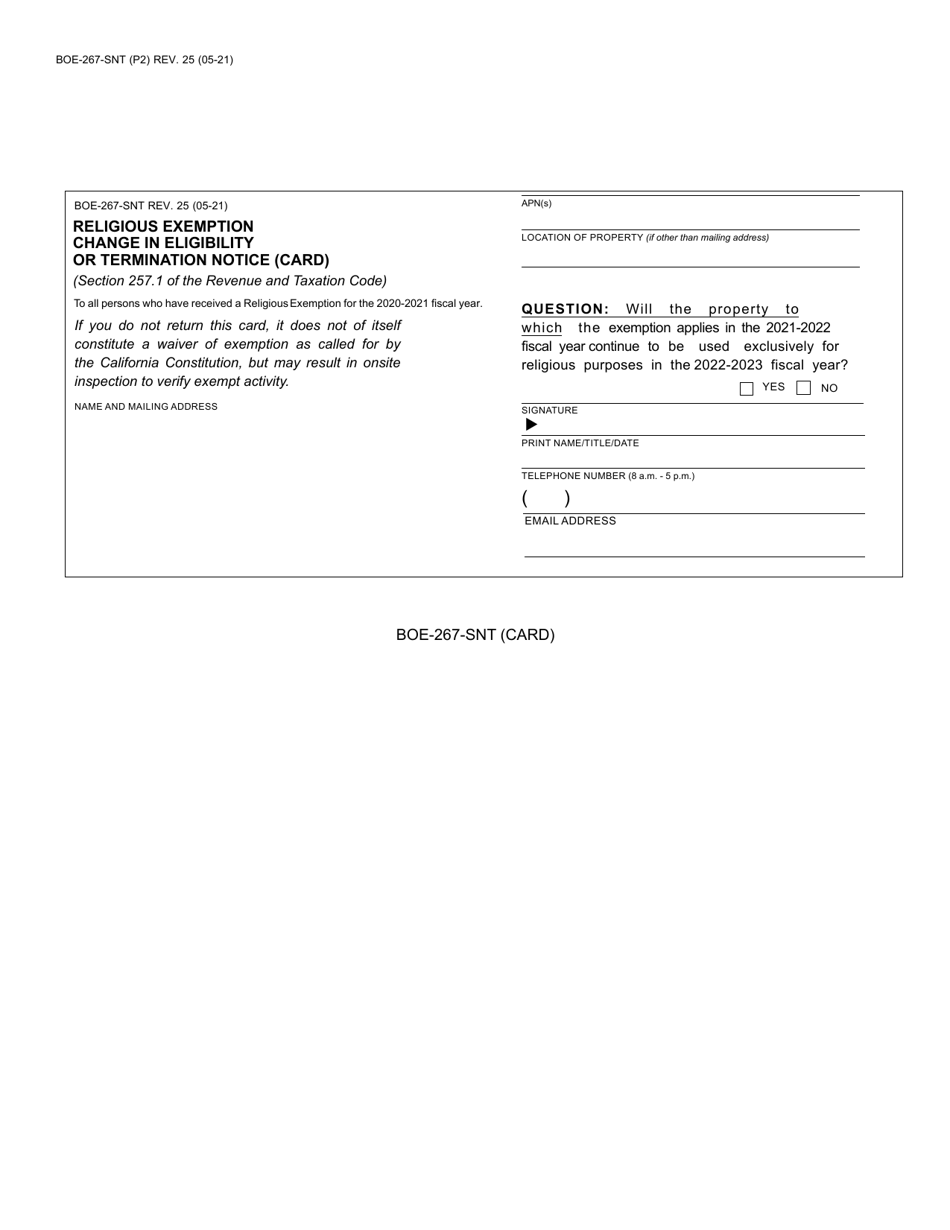 Form BOE-267-SNT Religious Exemption Change in Eligibility or Termination Notice - County of Santa Cruz, California, Page 2