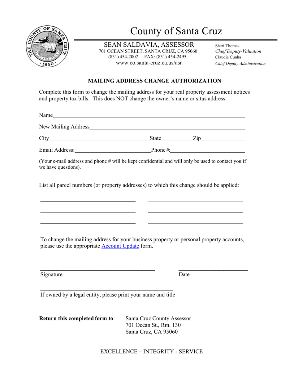 County of Santa Cruz, California Mailing Address Change Authorization Fill Out, Sign Online
