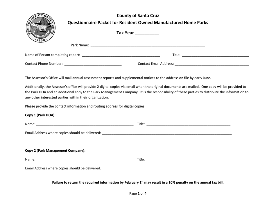 Questionnaire Packet for Resident Owned Manufactured Home Parks - County of Santa Cruz, California, Page 1