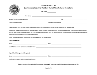 Document preview: Questionnaire Packet for Resident Owned Manufactured Home Parks - County of Santa Cruz, California