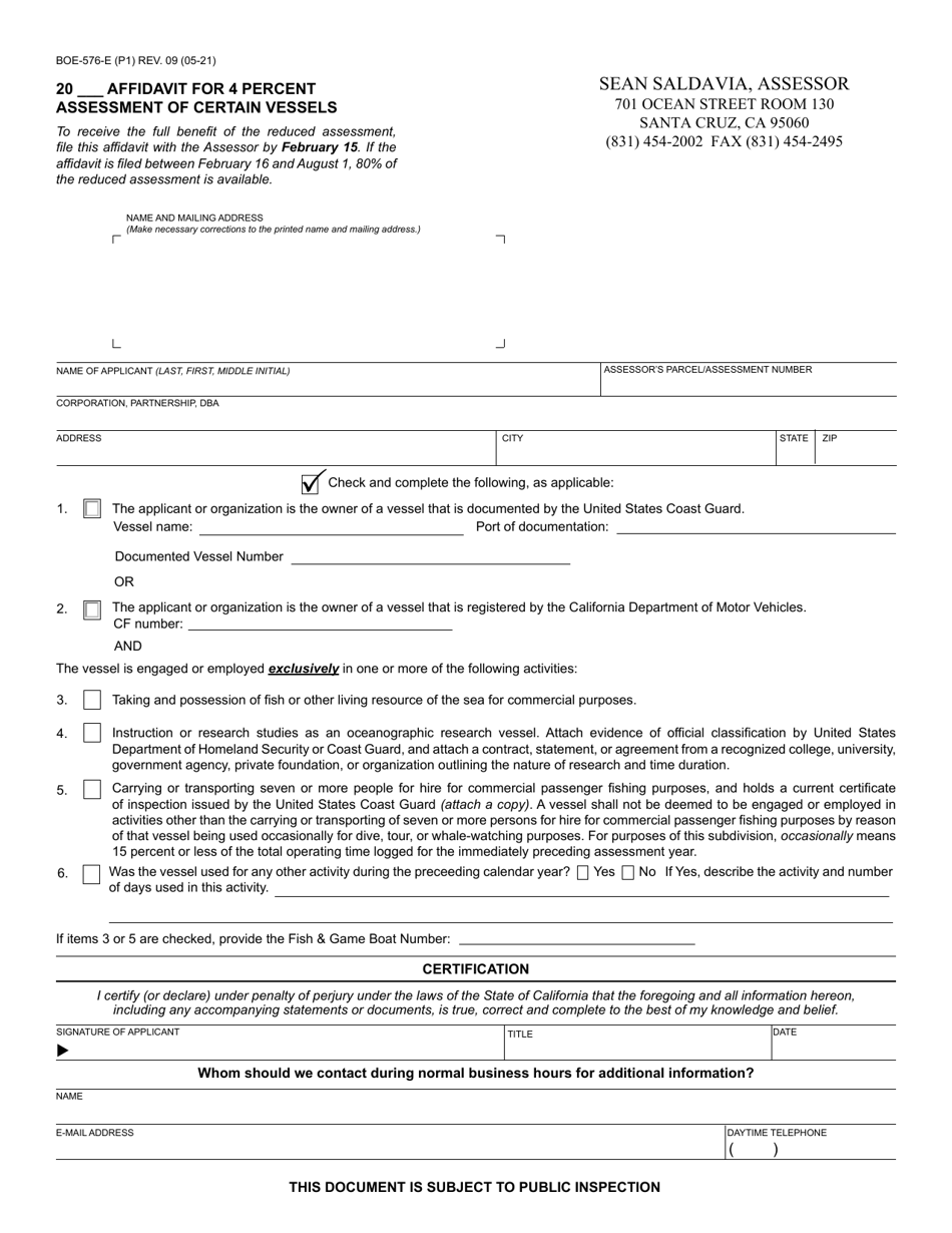 Form BOE-576-E Affidavit for 4 Percent Assessment of Certain Vessels - County of Santa Cruz, California, Page 1