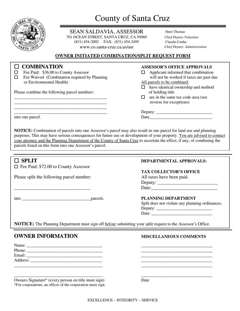 Owner Initiated Combination / Split Request Form - County of Santa Cruz, California, Page 1