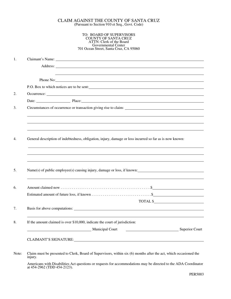 Form PER5003 Claim Against the County of Santa Cruz - County of Santa Cruz, California, Page 1