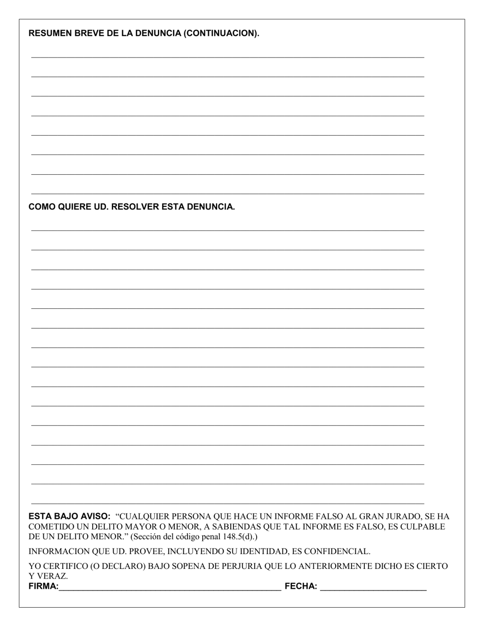 Formulario Del Gran Jurado Para Denuncias Civiles - County of Santa Cruz, California (Spanish), Page 2