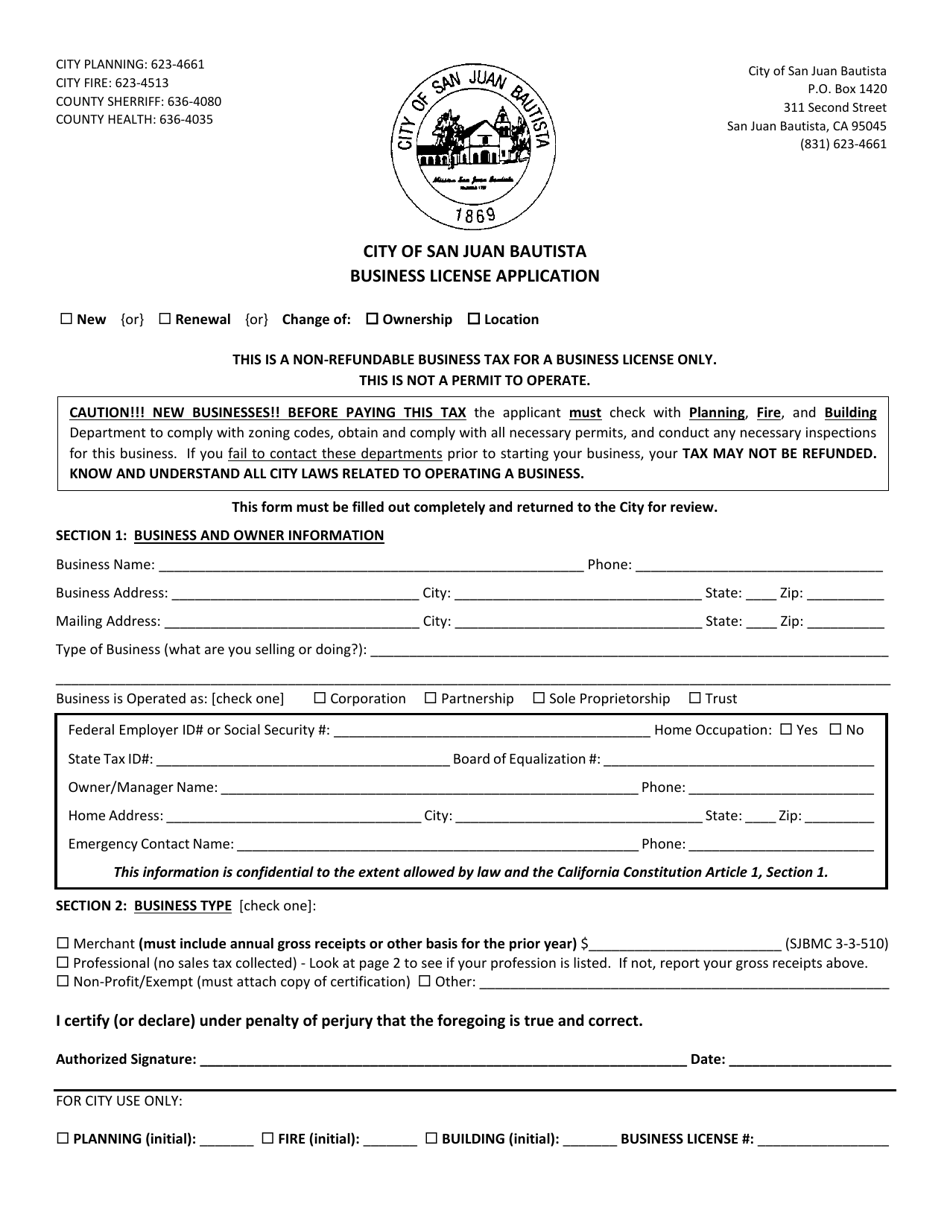 Business License Application - City of San Juan Bautista, California, Page 1