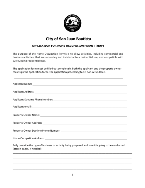 Application for Home Occupation Permit (Hop) - City of San Juan Bautista, California Download Pdf