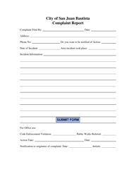 Document preview: Complaint Report - City of San Juan Bautista, California