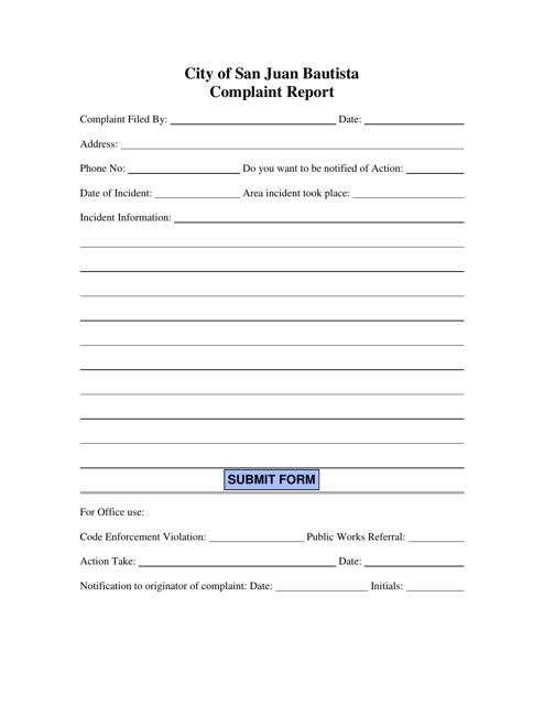Complaint Report - City of San Juan Bautista, California Download Pdf