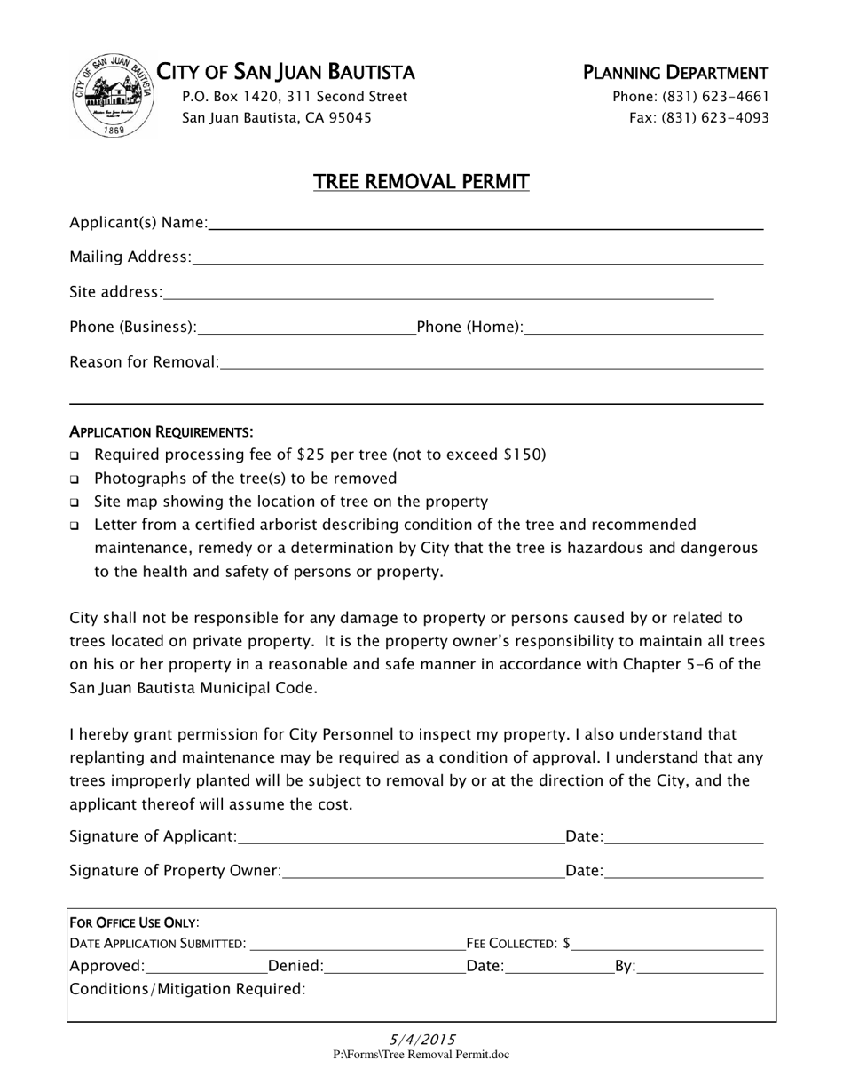 City of San Juan Bautista, California Tree Removal Permit Fill Out, Sign Online and Download