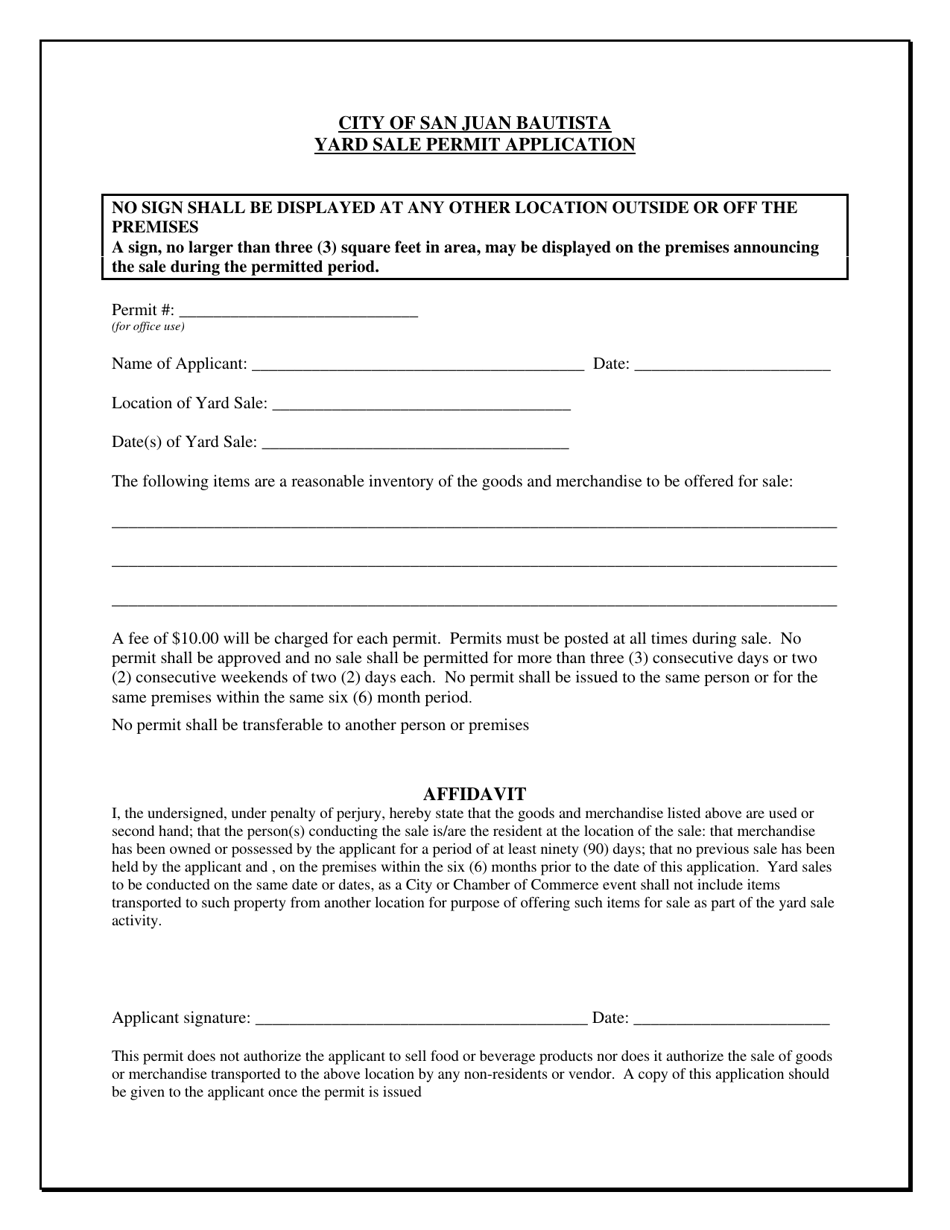 Yard Sale Permit Application - City of San Juan Bautista, California, Page 1