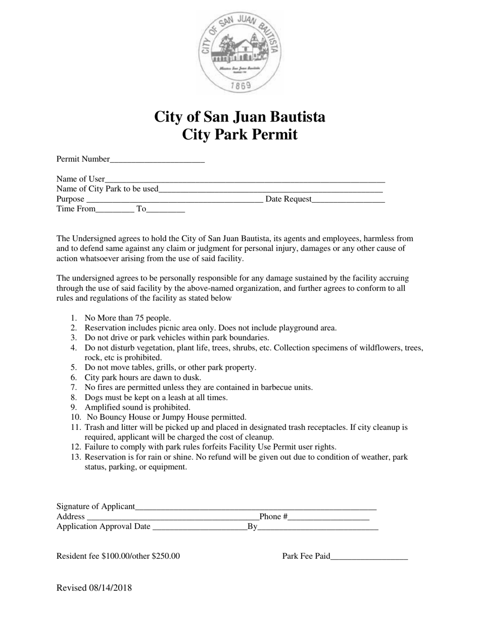 City Park Permit - City of San Juan Bautista, California, Page 1