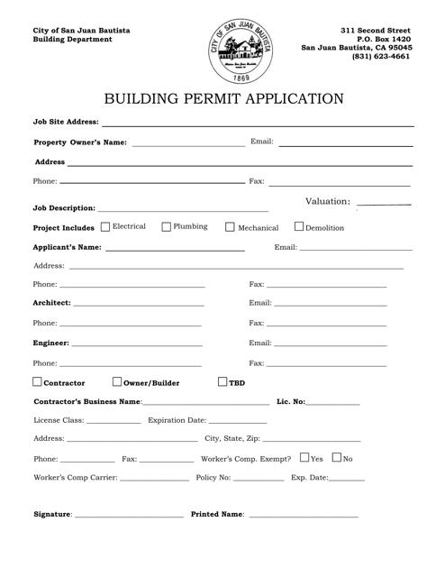 Building Permit Application - City of San Juan Bautista, California Download Pdf