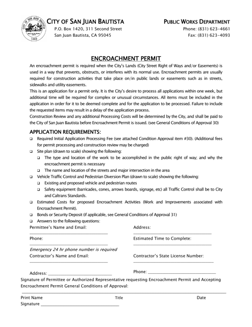 Encroachment Permit Application - City of San Juan Bautista, California Download Pdf