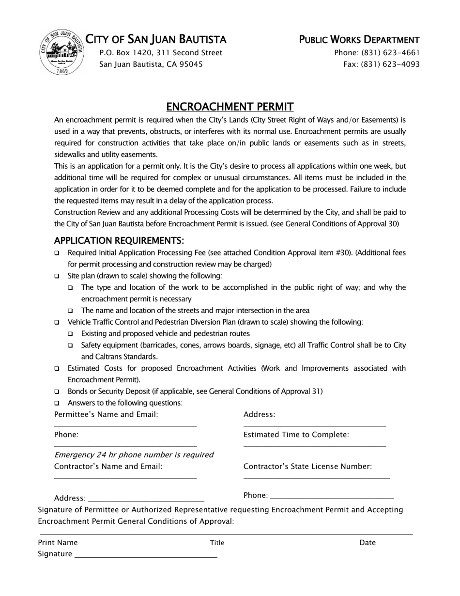 Encroachment Permit Application - City of San Juan Bautista, California, Page 1