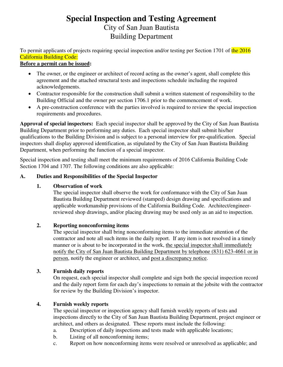 Special Inspection and Testing Form - City of San Juan Bautista, California, Page 5