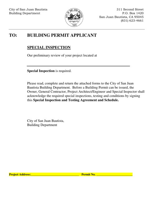 Special Inspection and Testing Form - City of San Juan Bautista, California Download Pdf
