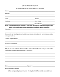 Document preview: Application for Ad Hoc Committee Member - City of San Juan Bautista, California