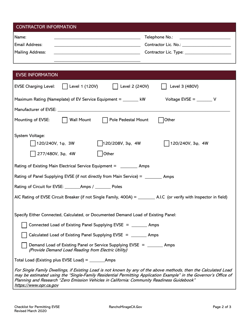 Residential and Non-residential Checklist for Permitting Electric Vehicles and Electric Vehicle Service Equipment (Evse) - City of Rancho Mirage, California, Page 2