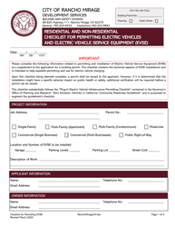 Document preview: Residential and Non-residential Checklist for Permitting Electric Vehicles and Electric Vehicle Service Equipment (Evse) - City of Rancho Mirage, California