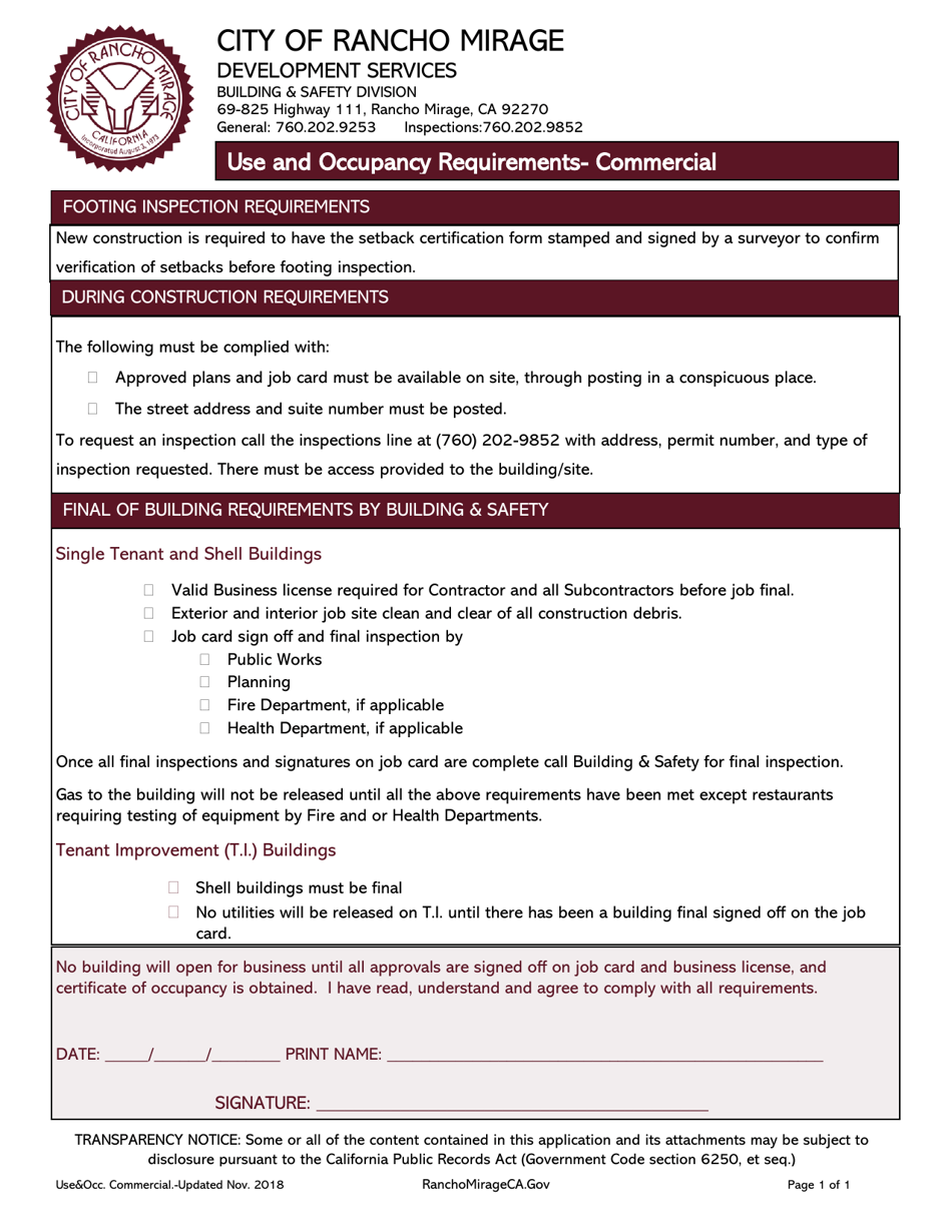 Use and Occupancy Requirements - Commercial - City of Rancho Mirage, California, Page 1
