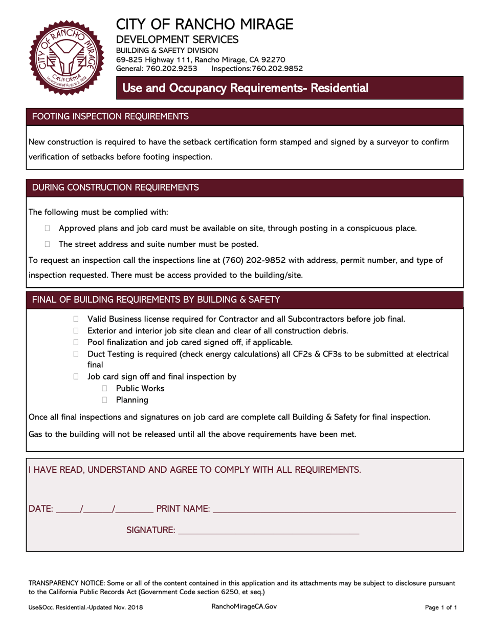 Use and Occupancy Requirements - Residential - City of Rancho Mirage, California, Page 1