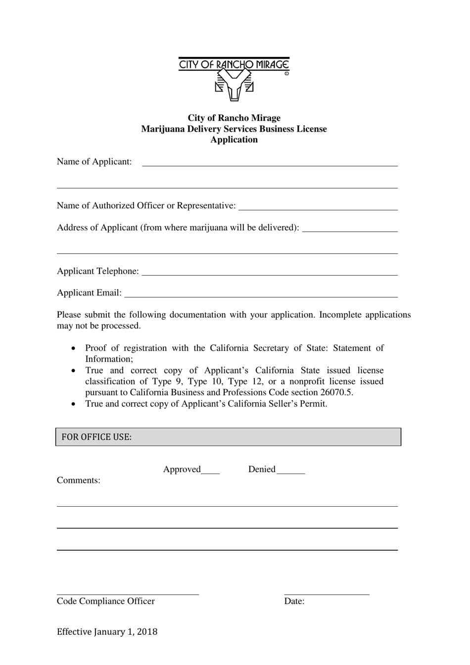 Marijuana Delivery Services Business License Application - City of Rancho Mirage, California, Page 1