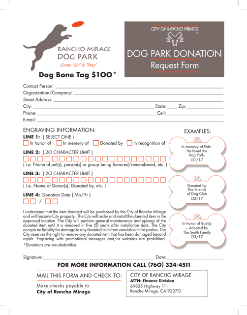 "Dog Park Donation Request Form" - City of Rancho Mirage, California Download Pdf