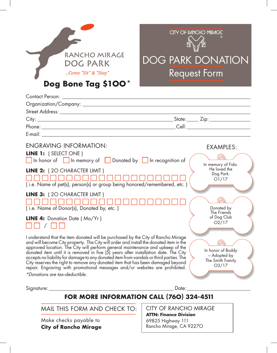 Dog Park Donation Request Form - City of Rancho Mirage, California, Page 1