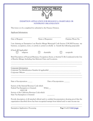 Document preview: Exemption Application for Religious, Charitable or Nonprofit Organization - City of Rancho Mirage, California