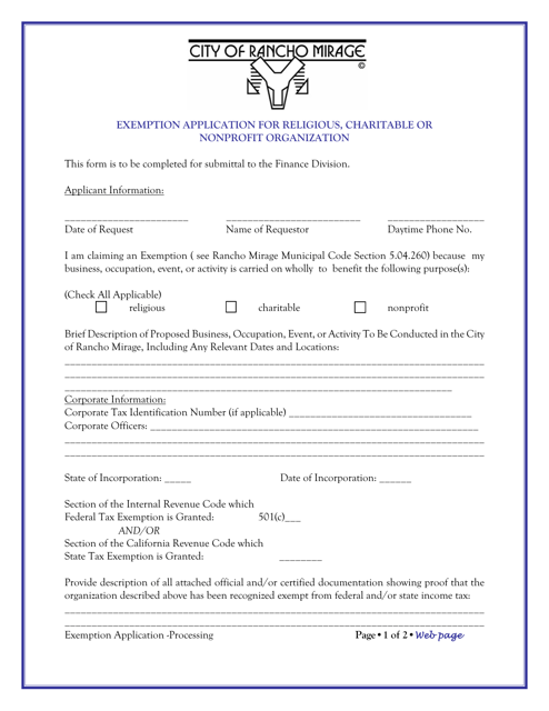 Exemption Application for Religious, Charitable or Nonprofit Organization - City of Rancho Mirage, California