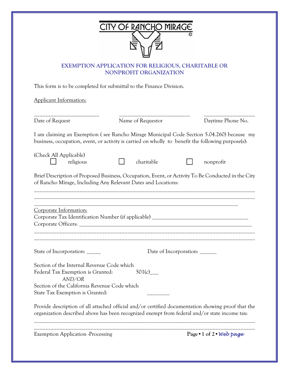 Exemption Application for Religious, Charitable or Nonprofit Organization - City of Rancho Mirage, California, Page 1