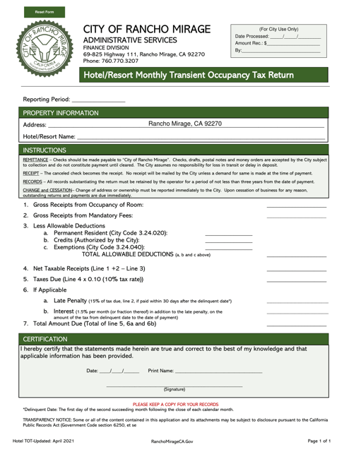 "Hotel/Resort Monthly Transient Occupancy Tax Return" - City of Rancho Mirage, California Download Pdf