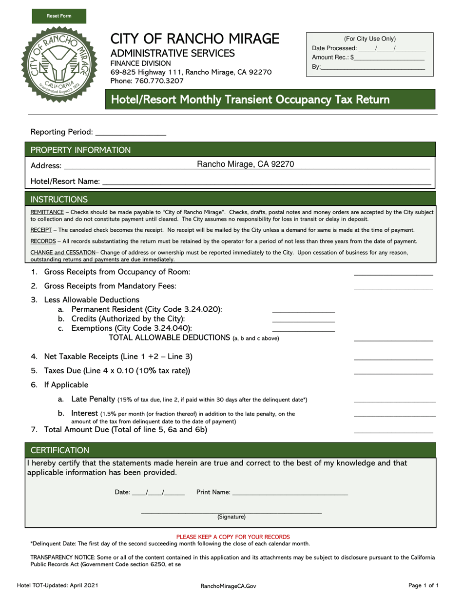 Hotel / Resort Monthly Transient Occupancy Tax Return - City of Rancho Mirage, California, Page 1