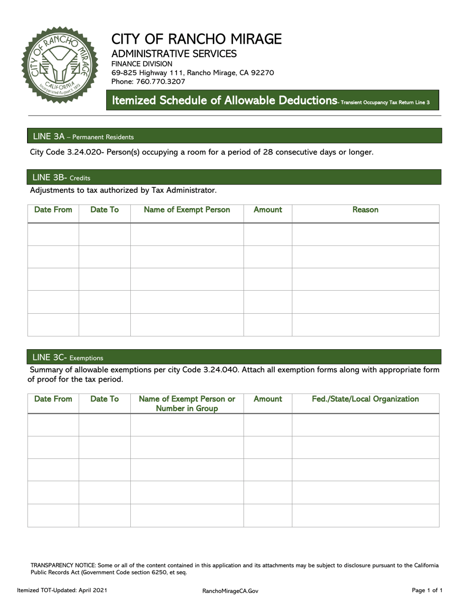 Hotel / Resort Monthly Transient Occupancy Tax Return - City of Rancho Mirage, California, Page 2