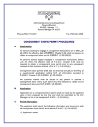 Document preview: Consignment Store Permit Application - City of Rancho Mirage, California
