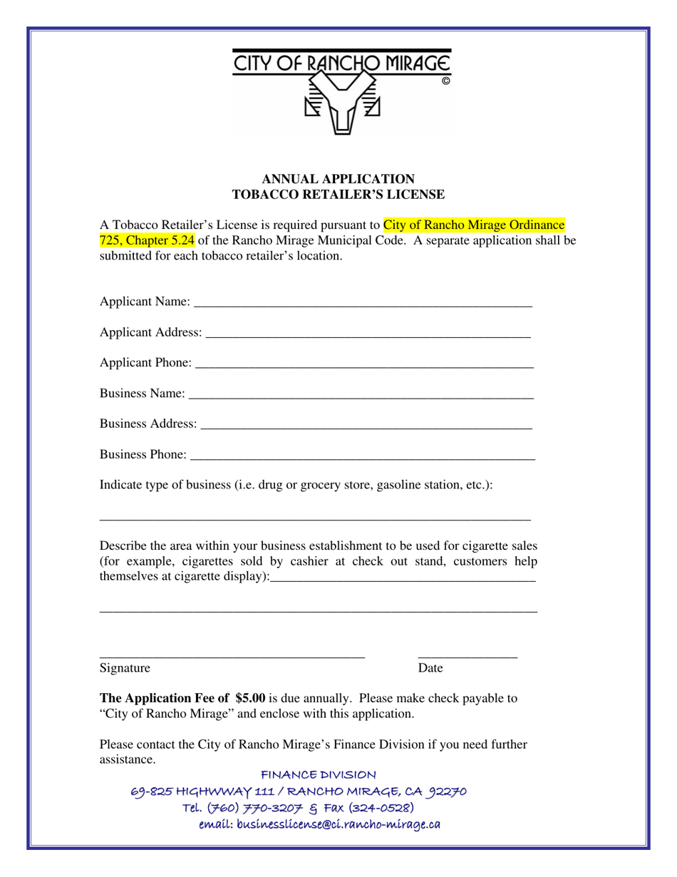 City of Rancho Mirage, California Tobacco Retailer's License Annual