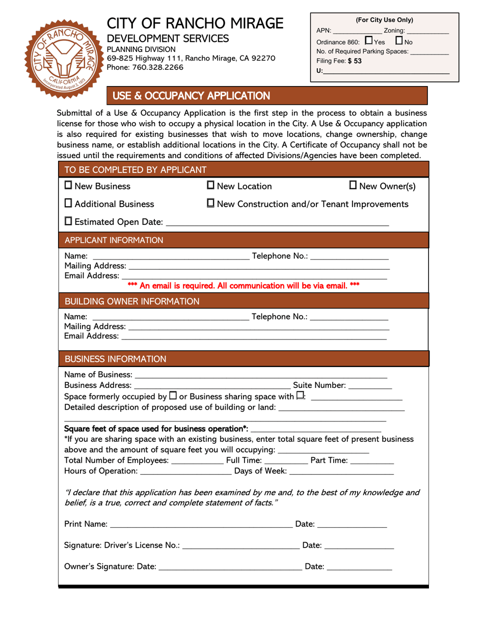 Use  Occupancy Application - City of Rancho Mirage, California, Page 1