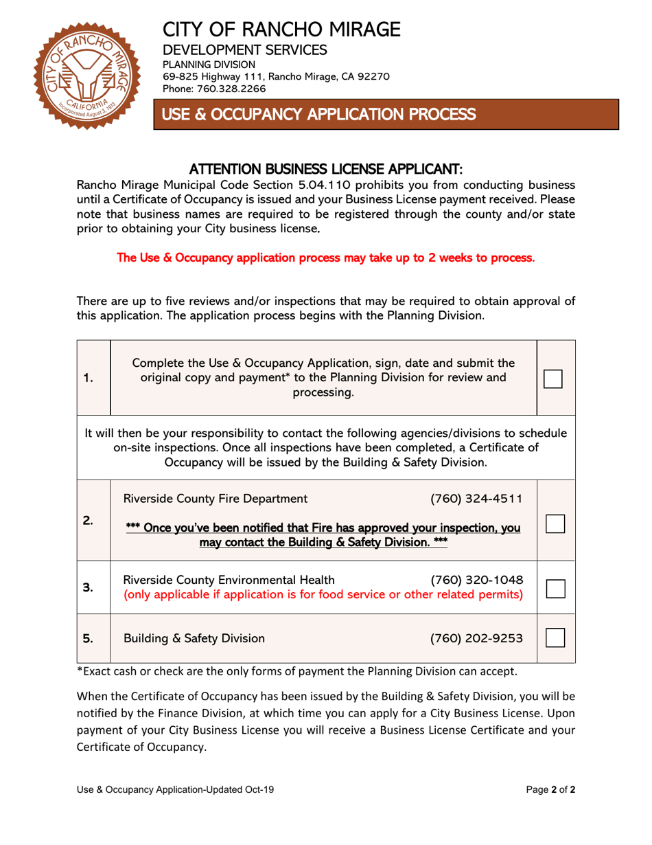 Use  Occupancy Application - City of Rancho Mirage, California, Page 2