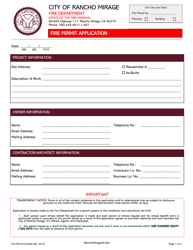 Document preview: Fire Permit Application - City of Rancho Mirage, California