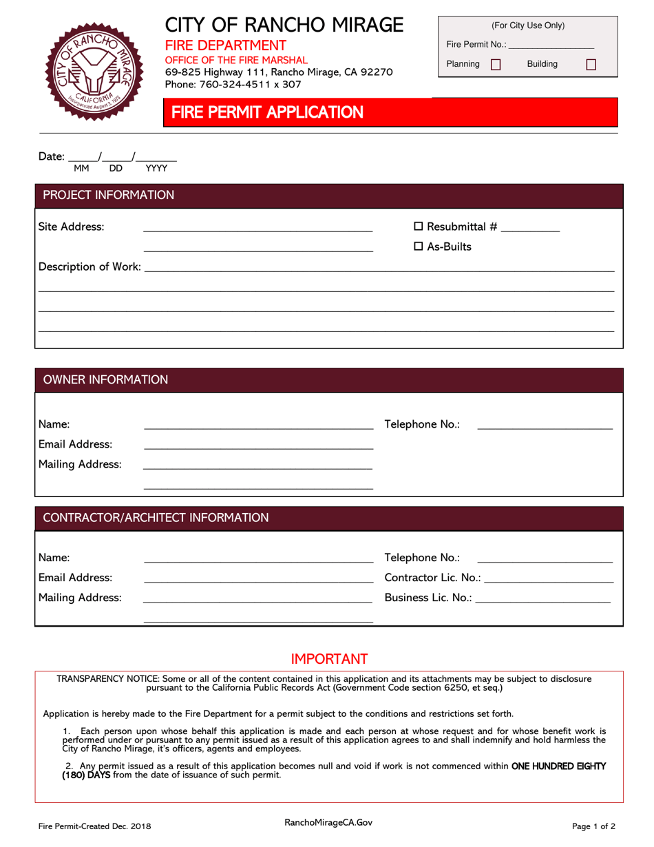Fire Permit Application - City of Rancho Mirage, California, Page 1