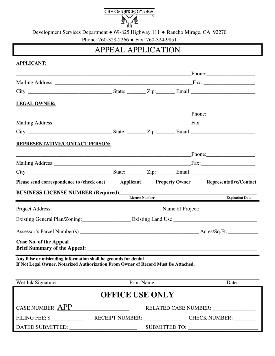 Appeal Application - City of Rancho Mirage, California, Page 1
