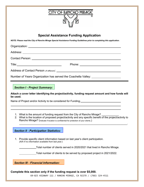 Special Assistance Funding Application - City of Rancho Mirage, California Download Pdf