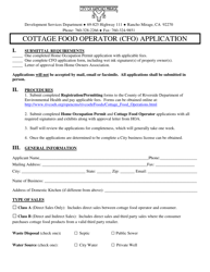 Document preview: Cottage Food Operator (Cfo) Application - City of Rancho Mirage, California